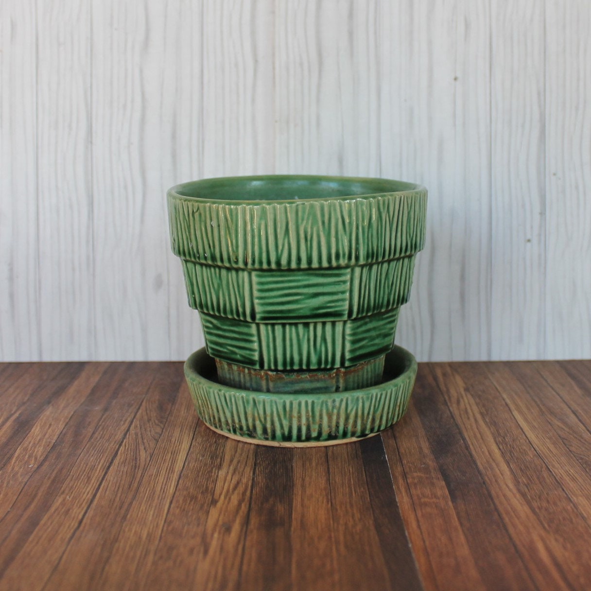 Vintage McCoy Planter Small Flower Pots Green Faux Wood Basketweave
