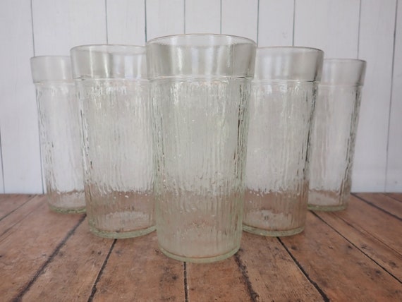 Vintage KERR Clear Glass Jelly Jar Style Tumbler Glasses Set of 6 Clear Drinking Glass Ribbed Textured Bark Design 16 oz. Glasses