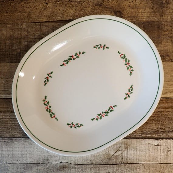 Vintage Corelle Corning HOLLY DAYS Oval Platter White with Green Holly and Red Berries Black Veins Christmas Dinnerware