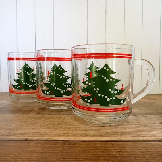Vintage WAECHTERSBACH Christmas Tree Glass Mug Set of 3 Clear with Green Tree Design Made in Germany