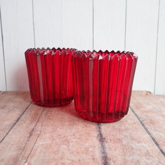 Vintage Indiana Glass Red Ribbed Votive Tealight Candle Holders Pair Set of 2 Candleholders