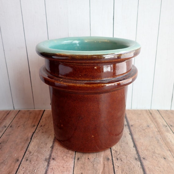 Vintage Red Wing VILLAGE GREEN Canister No Lid Brown and Green Blue Stoneware Oomph Country Fare Pot Planter Utensil Holder