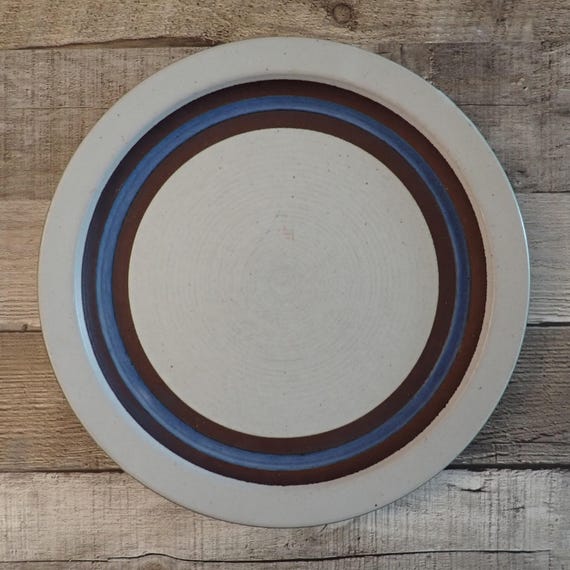 Vintage Otagiri HORIZON Dinner Plates Set of 5 Gray Stoneware with Blue Brown Striped Bands