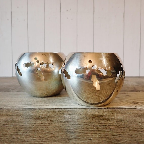 Vintage Silver Metal Tealight or Votive Candle Holder Set of 2 Round with Holly Cut Out Design