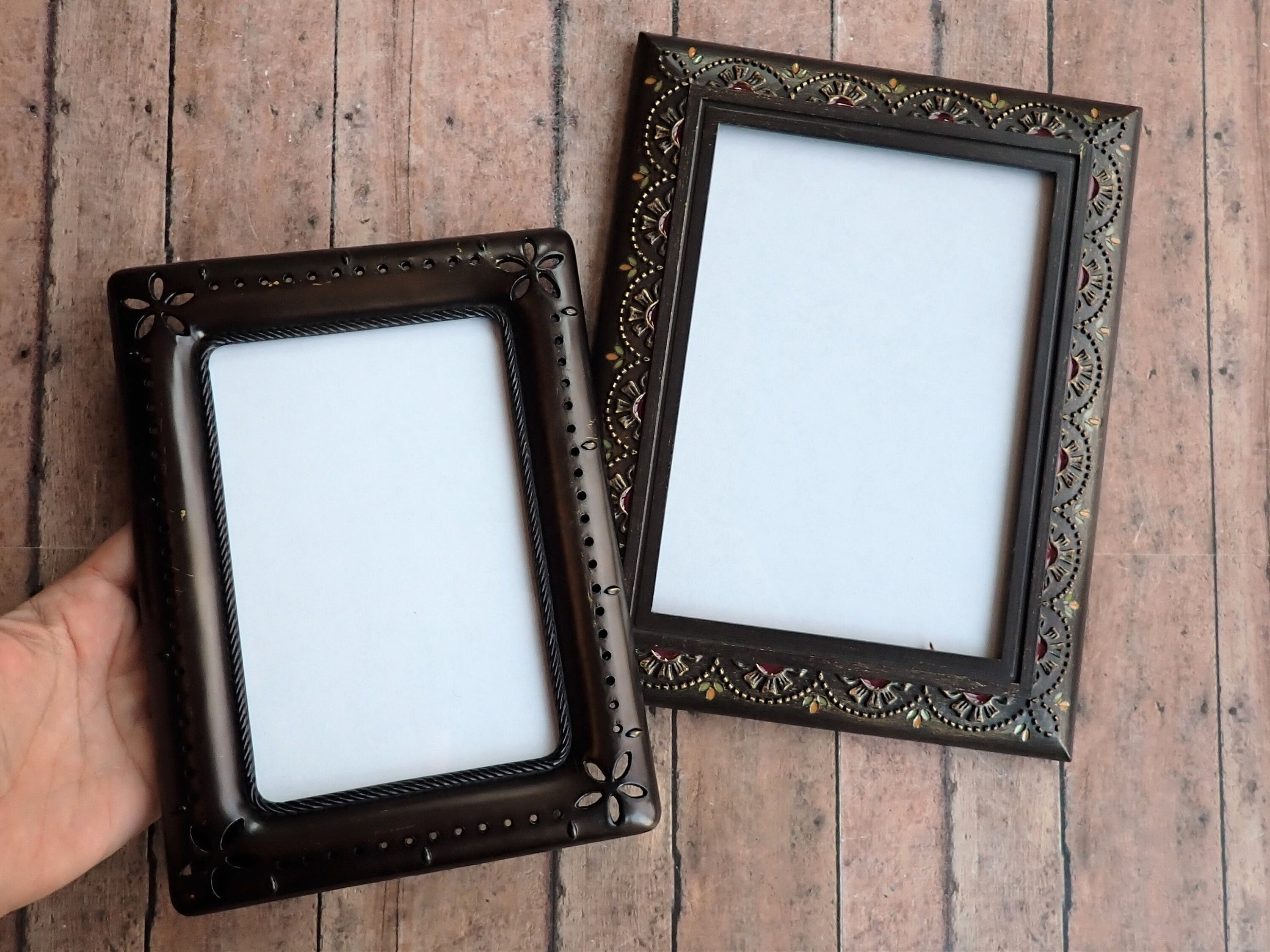 Vintage Dark Bronze Brown Metal Picture Photo Frame Set of 2 Etched