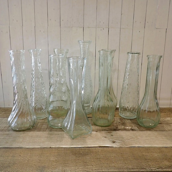 Vintage Clear Glass Vase Set of 10 Tall 9" Vases All Different Patterns Wedding Vases