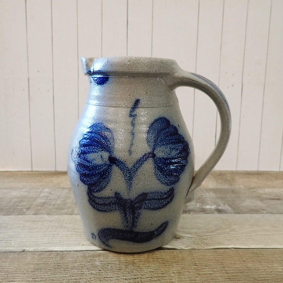 Vintage ROWE POTTERY WORKS Pitcher Grey with Blue Flower Leaf Design Cambridge Wisconsin 1986