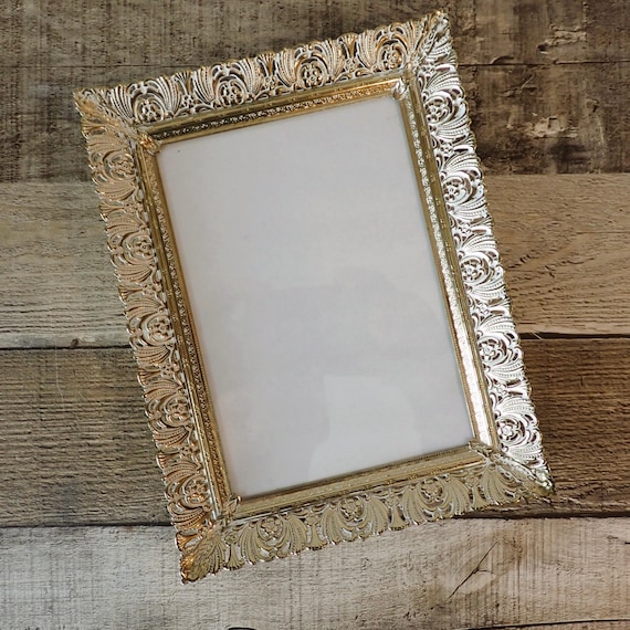Vintage 5x7 Brass Gold Photo Picture Frame with White Enamel Filigree Floral Flower and Leaf Design 5" x 7"