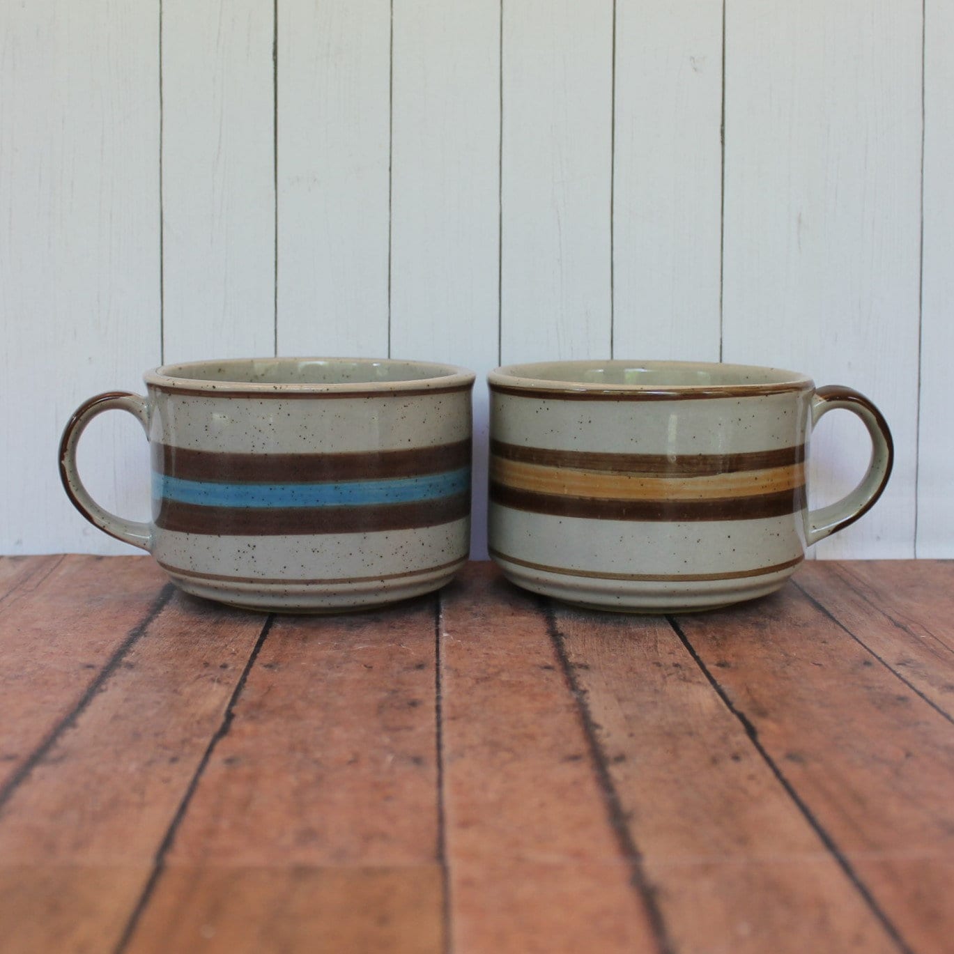 Vintage Stoneware Soup Bowl Mug with Handle Set of 2 White with Blue and Orange Stripe Banded