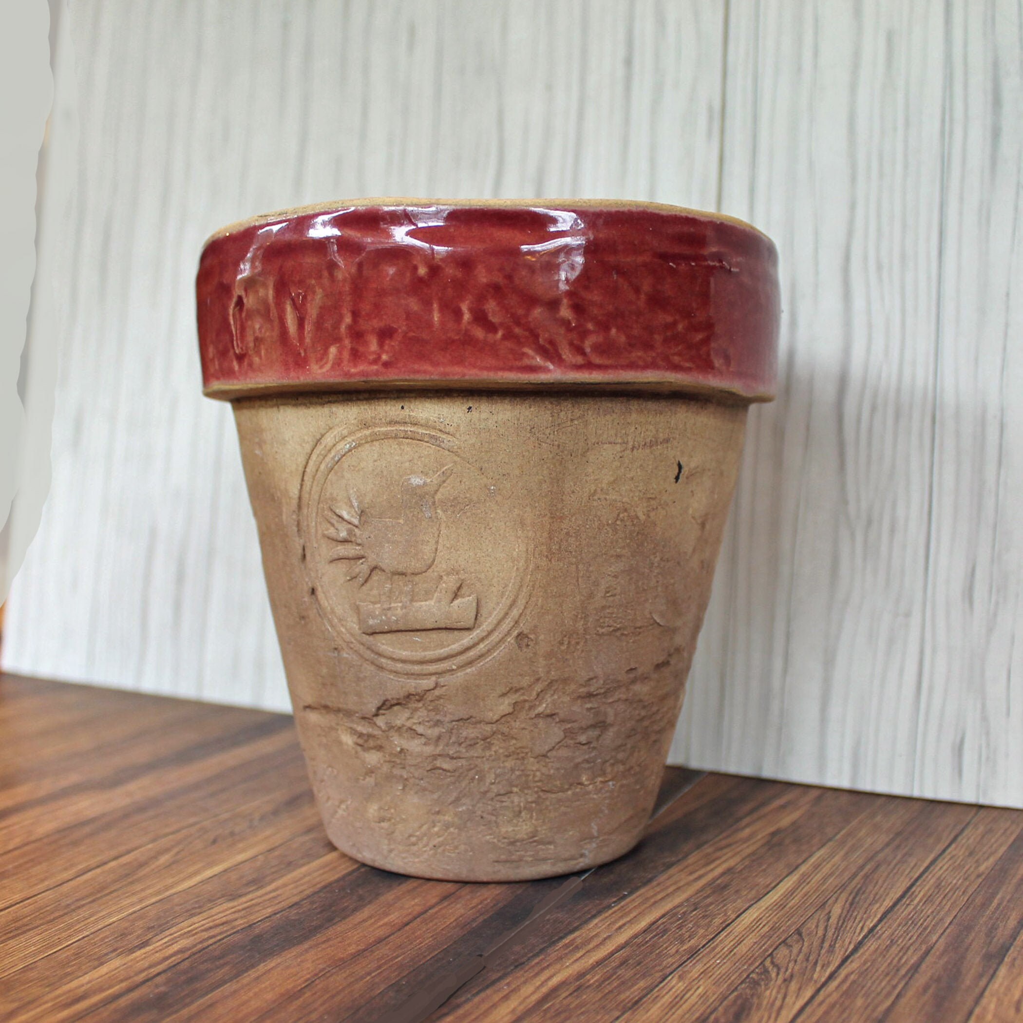 Vintage Rowe Pottery Works Stoneware Planter Flower Pot Tan White with