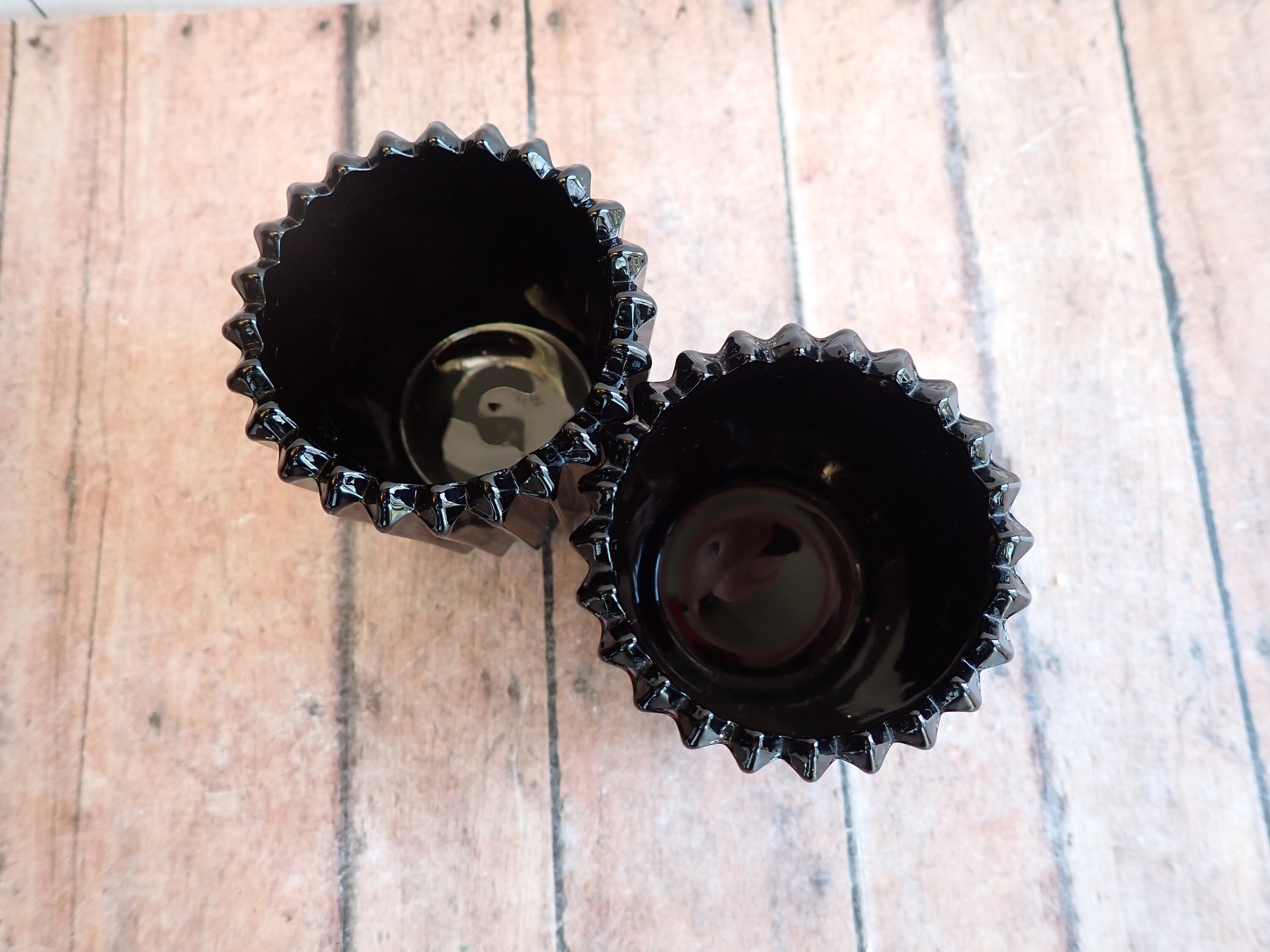 Vintage Black Glass Votive or Tealight Candle Holder Set of 2 Vertical