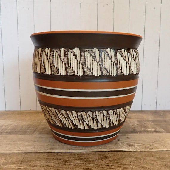 Vintage Dumler and Breiden Brown White and Orange Planter with Etched Geometric Design Made in Germany