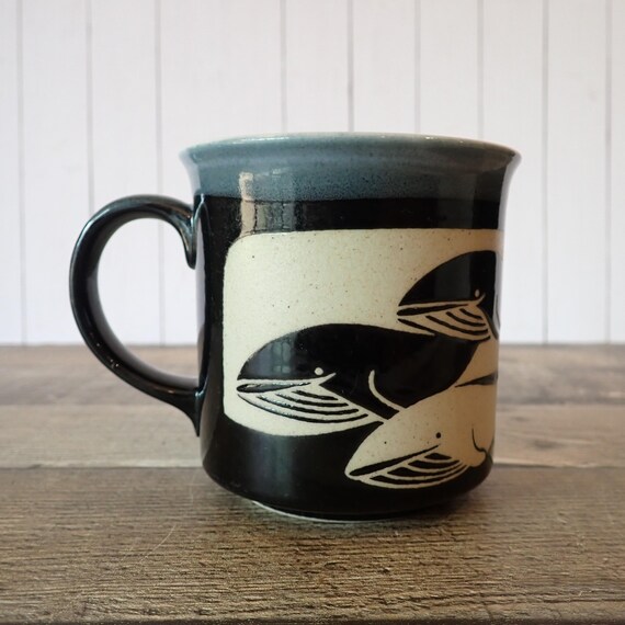 Vintage Otagiri Style Stoneware Whale Mug Coffee Cup Black and White Fish Design