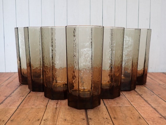 Vintage Libbey Glass FACETS Smoky Brown Tumbler Set of 8 Faceted 6" Tumbler Cooler 16 oz. Drinking Glass