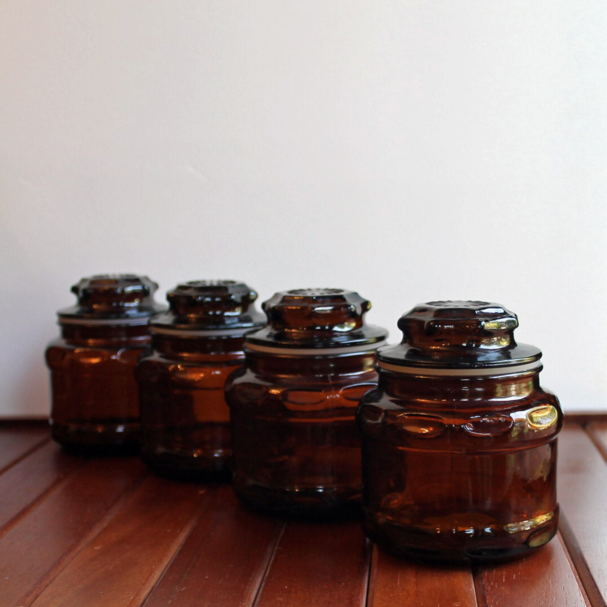 Vintage Brown Amber Glass Apothecary Jar Canister Set of 4 with Lids