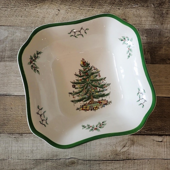 Vintage Spode Christmas Tree 9" Square Salad Serving Bowl White with Tree and Holly Design AS IS