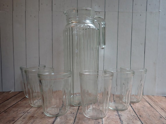 Vintage Pitcher and Jelly Jar Juice Glasses Small Tumblers Set of 6 Clear Drinking Glass