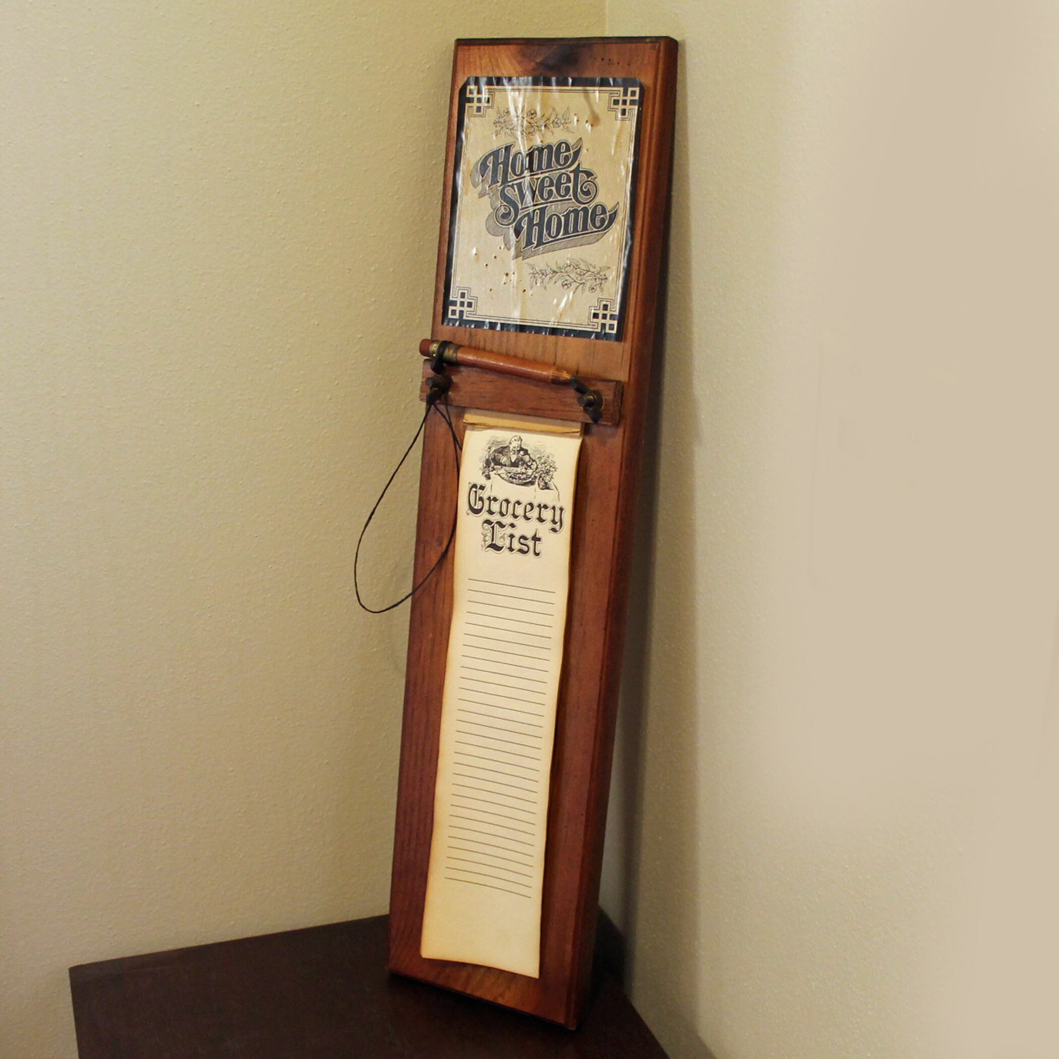 Vintage Wooden Grocery List or To Do List Holder Wall Mounted Memo