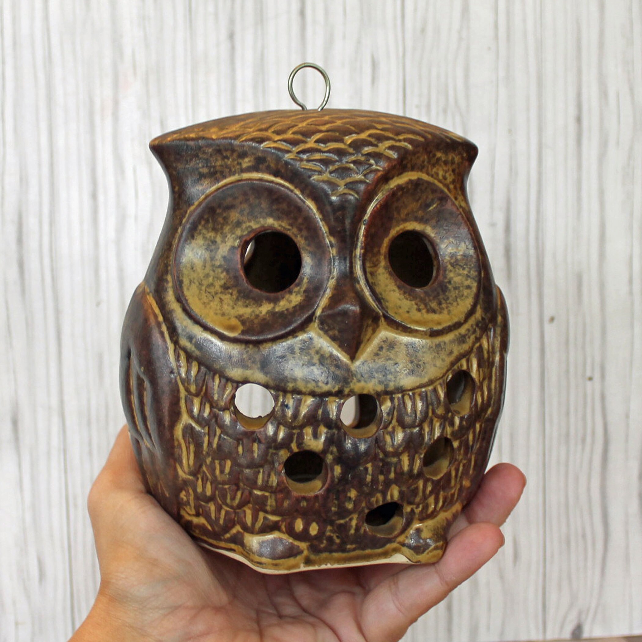Vintage Stoneware Owl Tealight Votive Candle Holder Luminary Lantern