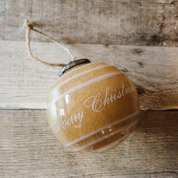 Vintage Ceramic Ball Ornament Yellowware with White Stripes Bauble Style