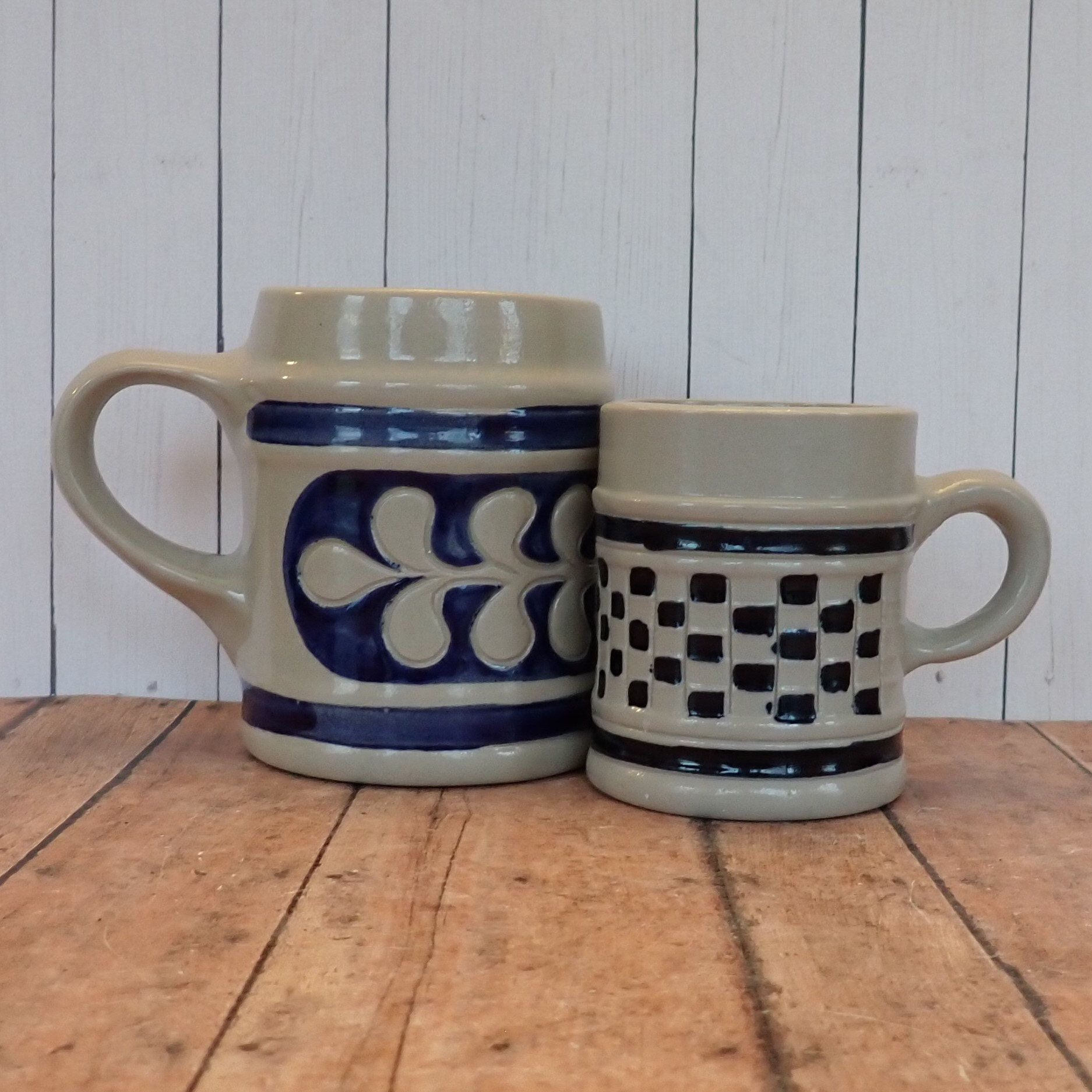 Vintage WILLIAMSBURG POTTERY Stoneware Stein Mugs Set of 2 Salt Glazed