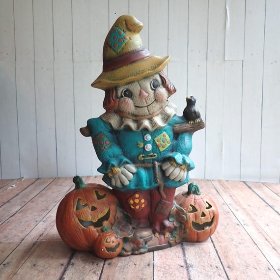 Vintage Ceramic Halloween Scarecrow Figurine with Pumpkins Jack O Lanterns Scare Crow