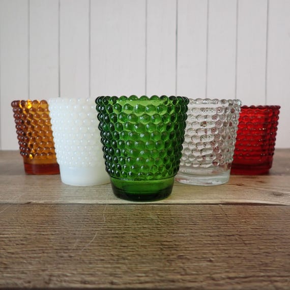 Vintage Glass Mismatched Votive or Tealight Christmas Candle Holder Set of 5 Red Green Amber Clear Hobnail Mix and Match Set