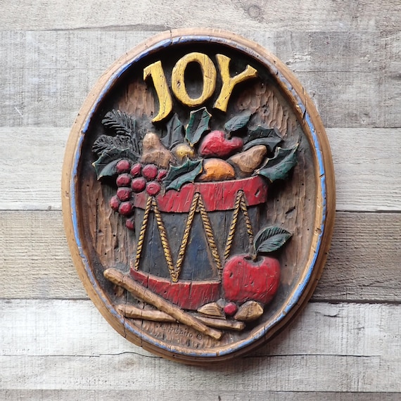 Vintage Al Pisano Faux Wood Carved Oval JOY Christmas Plaque Sign with Drum and Fruit Wall Hanging