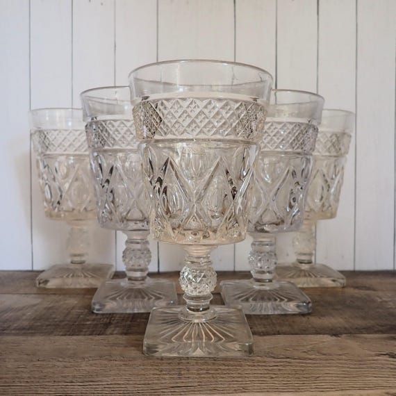 Vintage Imperial Glass CAPE COD Clear Water Goblets Set of 8 with Diamond and Dot Pattern