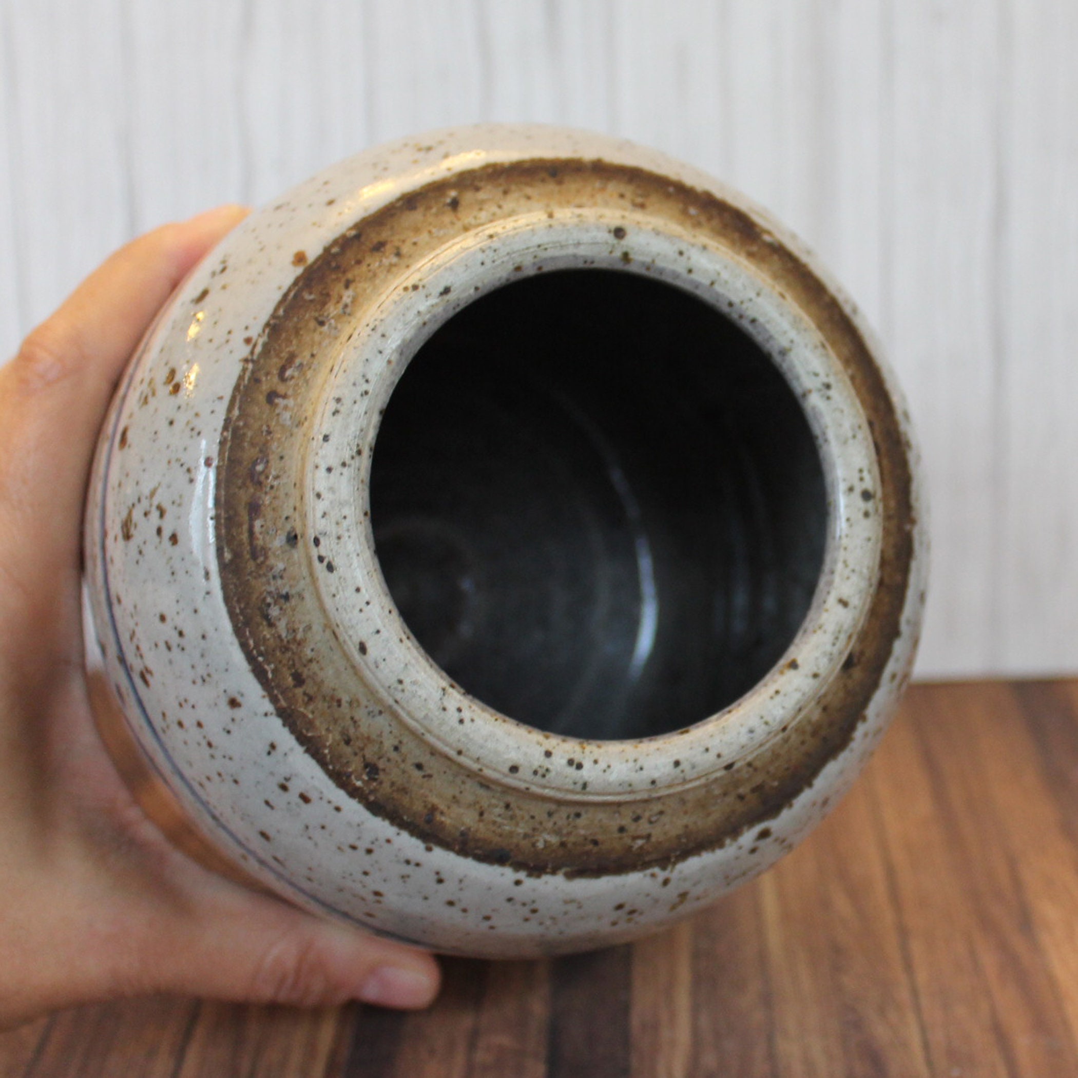 Vintage Salt Glazed Stoneware Pottery Crock Vase Utensil Canister Gray