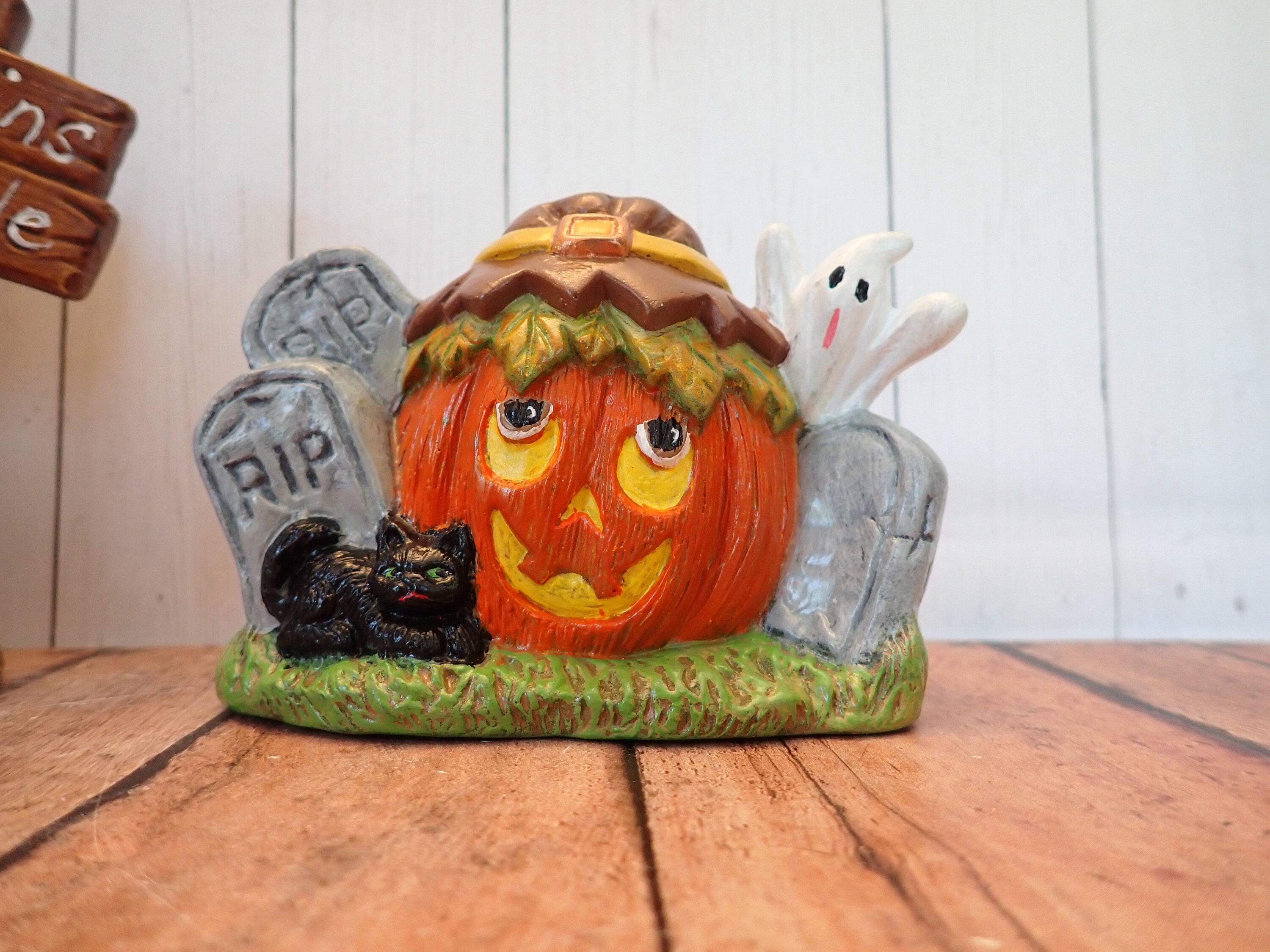 Vintage Ceramic Halloween Figurine Set of 2 Pumpkin Jack O Lantern