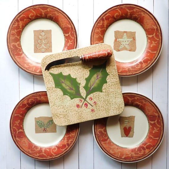 Vintage Pfaltzgraff HOLIDAY SPICE Salad Plate Set of 4 Plates and Cheese Tray with Slicer Tree Star Holly Heart Designs Christmas Plates