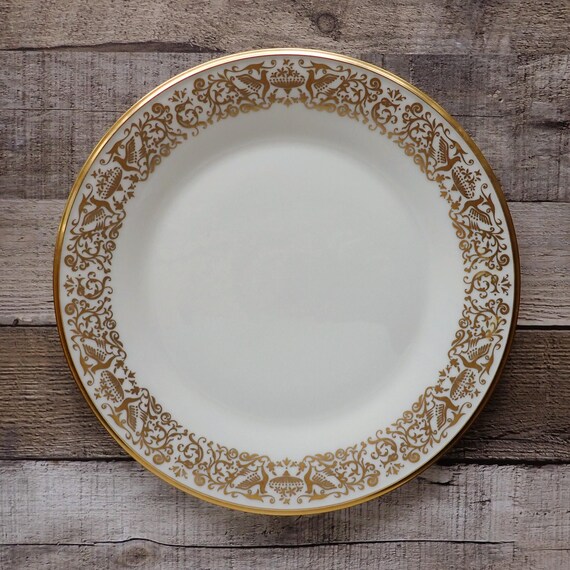 Vintage Lenox TUSCANY China Dinner Plate Set of 6 or Set of 12 Ivory White with Gold Bird Leaves and Flowers