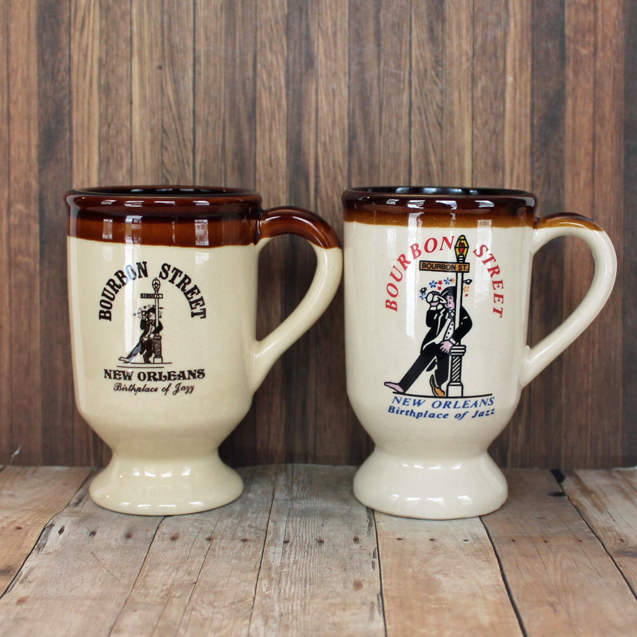 Vintage Bourbon Street New Orleans Souvenir Travel Mug Set of 2 Cream