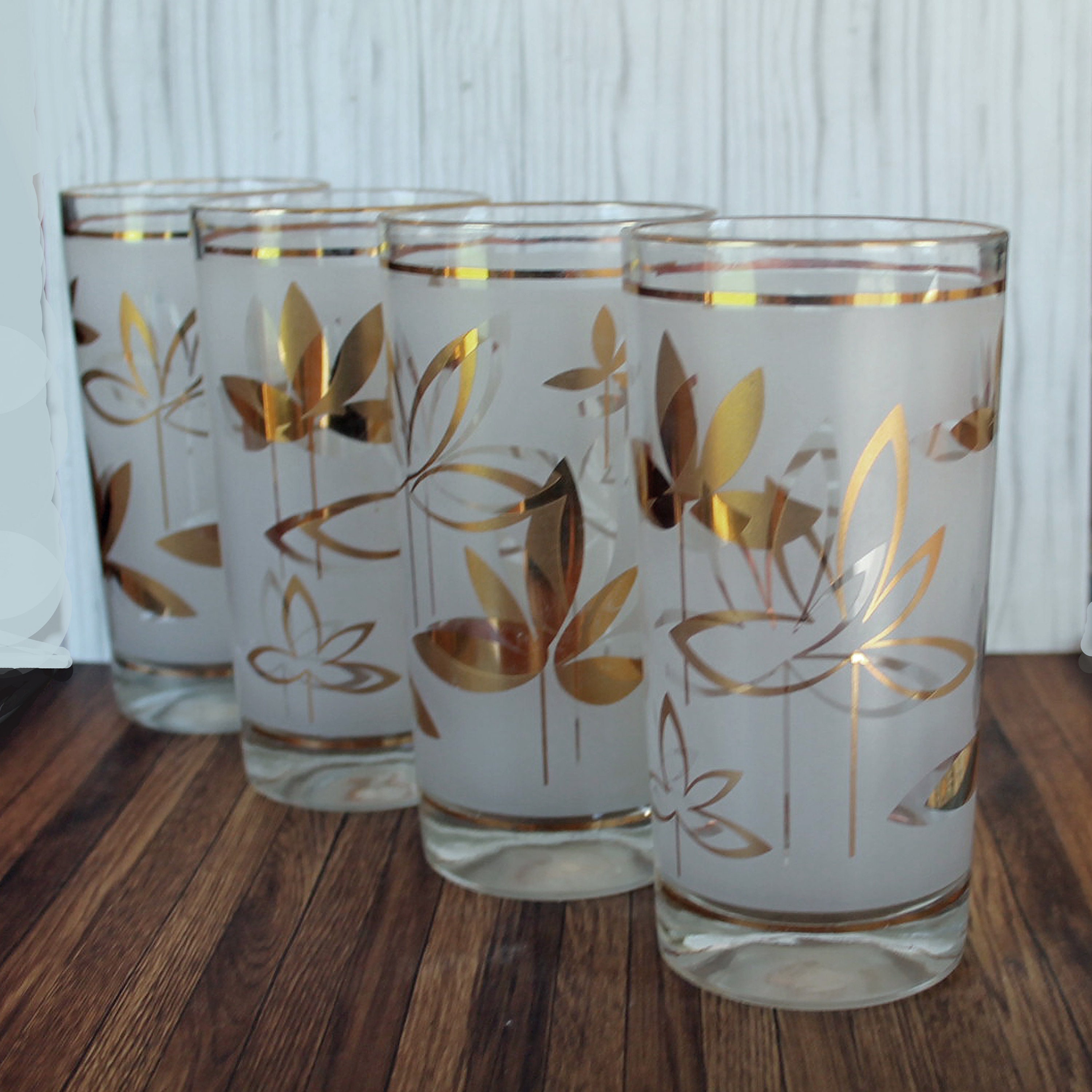 Vintage Clear Frosted Glass Tumblers Set of 4 with Modern Gold Leaf