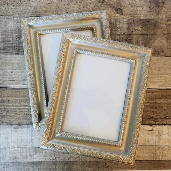 Vintage Cynthia Rowley 5x7 Gray Gold Photo Picture Frame Set of 2 Matching Frames with Scroll Floral Leaf Design 5" x 7"