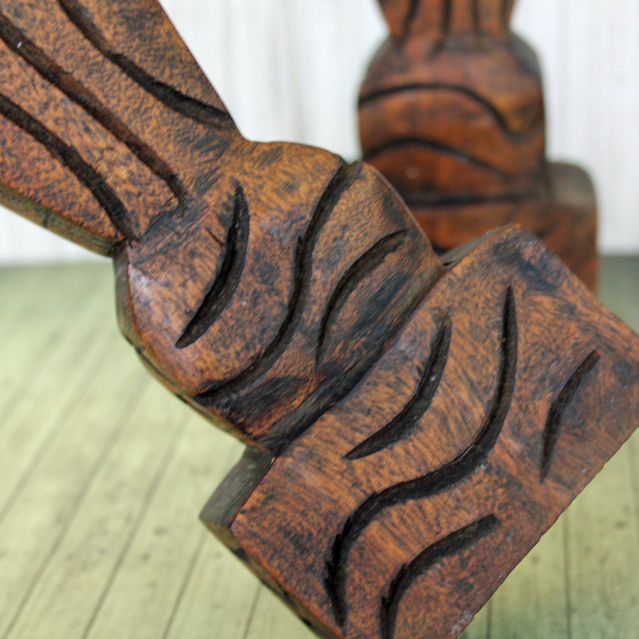 Vintage Wooden Carved Candlestick Pair Chunky Wood with Tiki Tribal