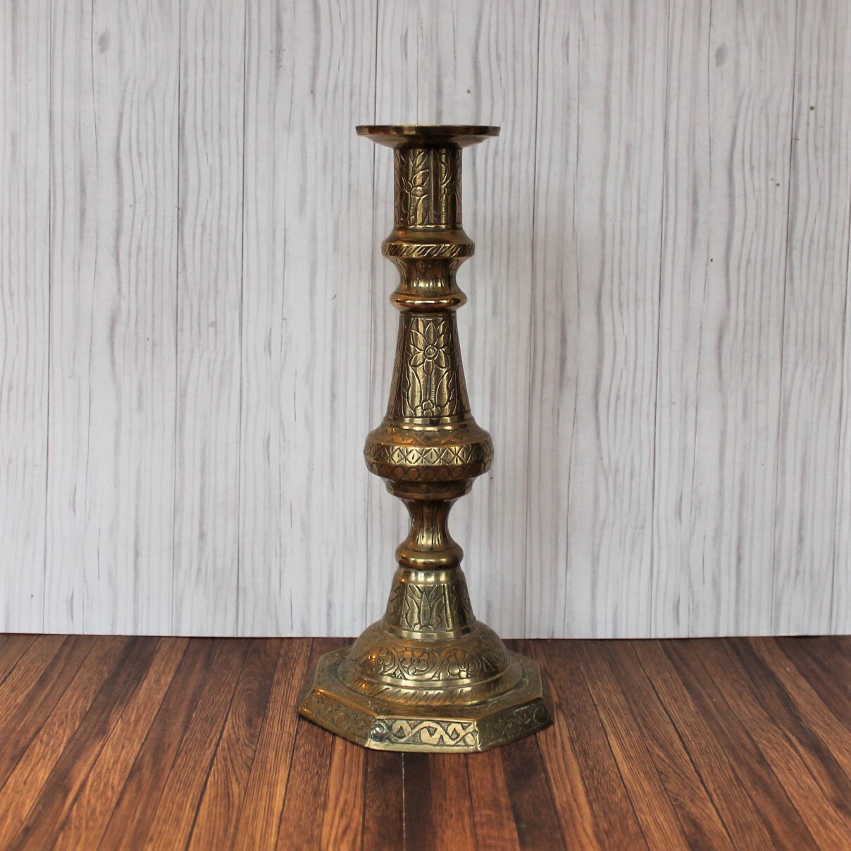 Vintage Large Brass Candlestick with Etched Floral Design Single Metal