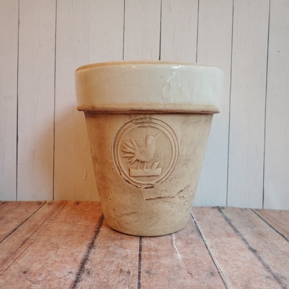 Vintage Rowe Pottery Works Stoneware Planter Flower Pot Tan White with White Glaze Rim and Bird Design Flowerpot Garden Patio