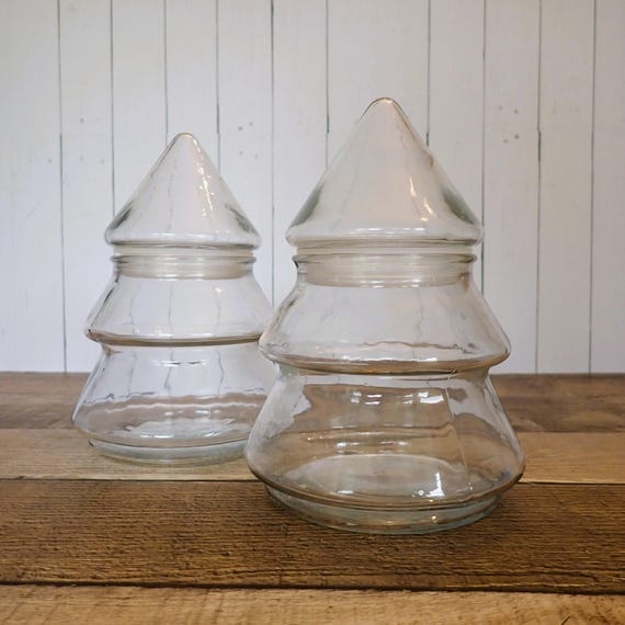 Vintage Clear Glass Christmas Pine Tree Jar Canister Set of 2 Matching Candy Dish