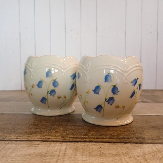 Vintage Lenox Floral Bluebell Votive or Tealight Candle Holder Set of 2 Ivory with Blue Flower Design
