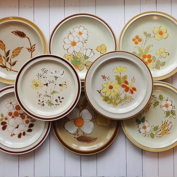 Vintage Mismatched Stoneware Salad Plate Set of 8 Mix and Match Plates White with Yellow Green Blue Brown Flower Designs 1970s