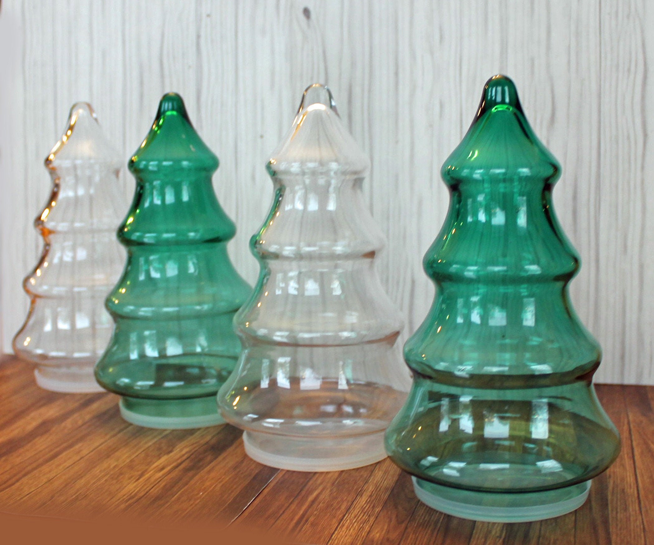 Vintage Clear and Green Glass Christmas Tree Canister Jar Container