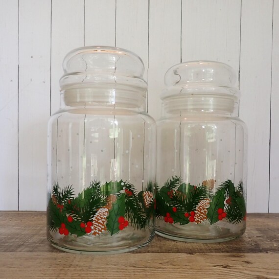 Vintage Glass Christmas Candy Canister Apothecary Jar with Lid Set of 2 Pinecone Evergreen Holly Design