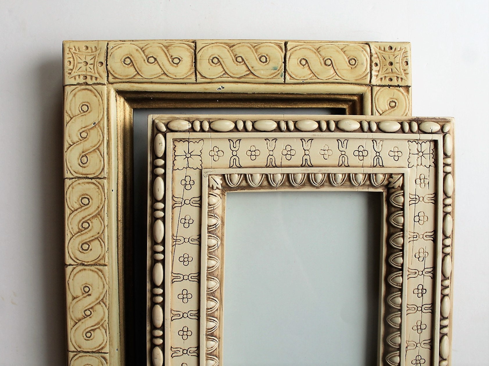 Vintage Etched Carved Faux Stone Photo Picture Frame Set of 2 3x5 and