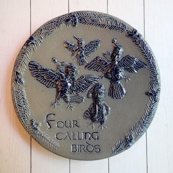 Vintage ROWE Pottery Works Twelve 12 Days of Christmas Plate Four 4 Calling Birds Gray Blue Salt Glazed Stoneware RPW Cambridge WI