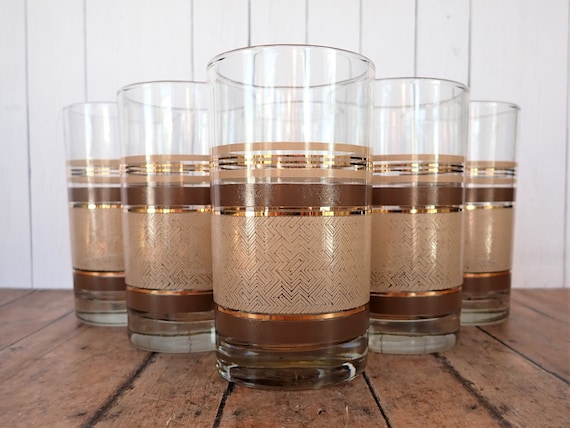 Vinage Libbey Glass Tumbler Set of 6 Clear with Tan and Brown Woven Tweed Linen Design Similar to Woodhue Modern Striped Banded