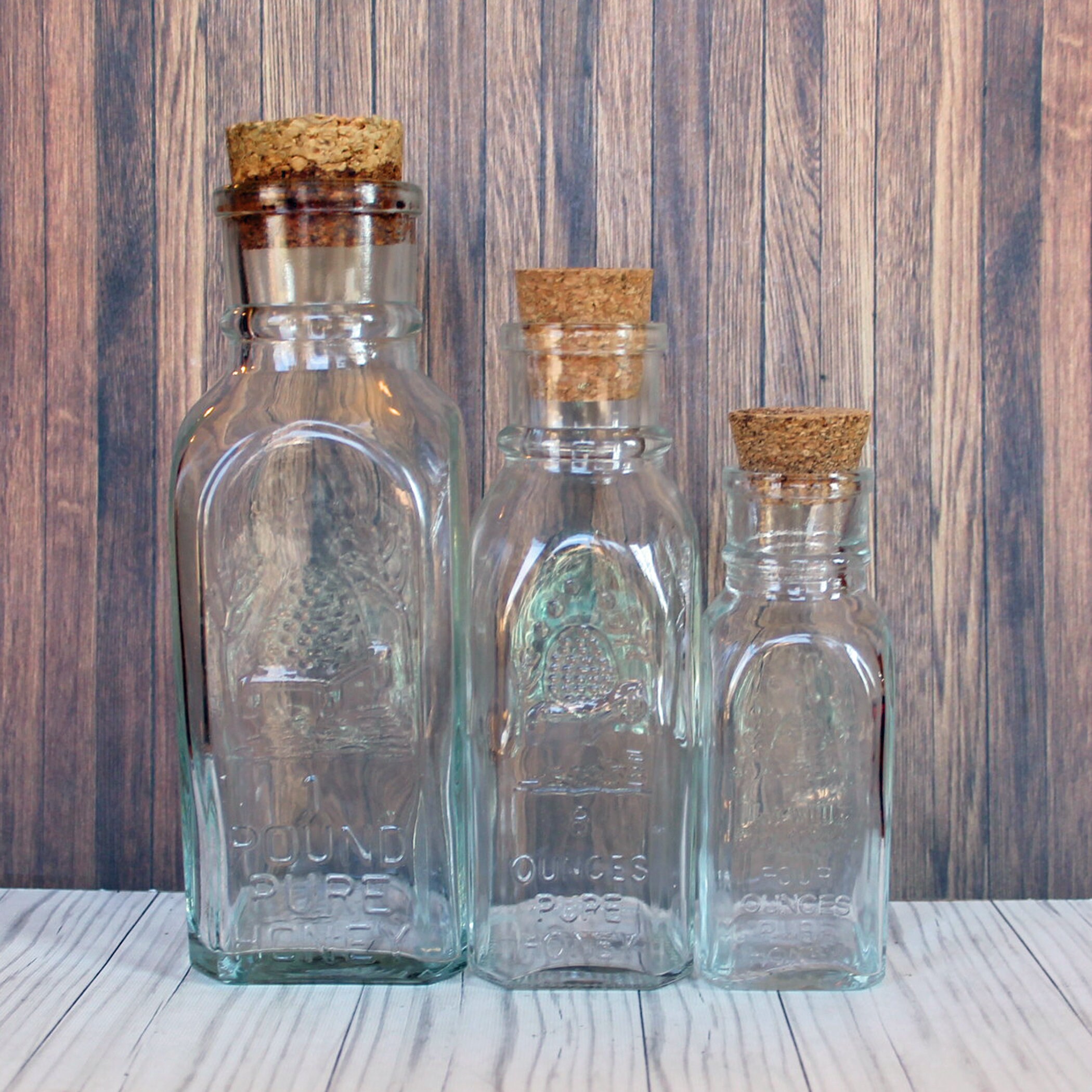 Vintage Glass Honey Bottles Jar with Cork Stopper Set of 3 Sizes Honey