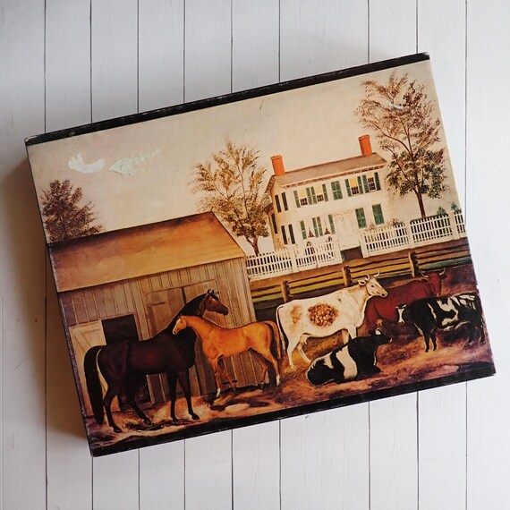 Vintage Springbok Hallmark The Barnyard 475 Piece Jigsaw Puzzle Farmhouse Scene with Horses and Cows Americana 1973