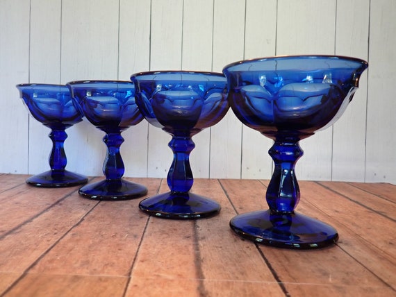 Vintage Imperial Glass OLD WILLIAMSBURG Deep Blue Sherbet Dish Champagne Glass Set of 4